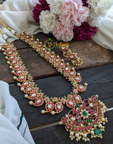Precious Jadau Kundan Maanga Malai haram Pearl - Red-Green -J039